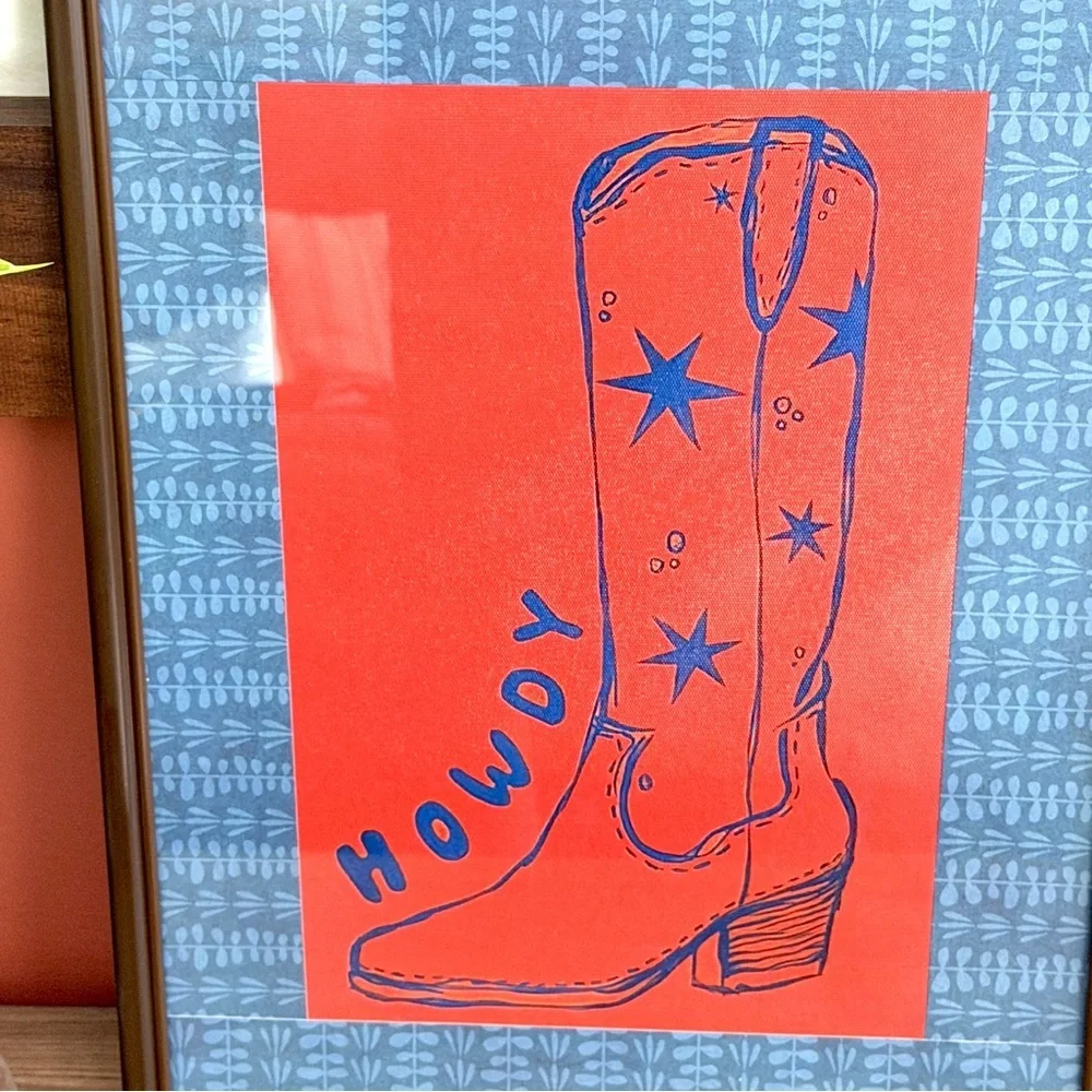 Howdy Cowboy Boot Retro Vintage Style Orange Blue Canvas Art Print Framed Art